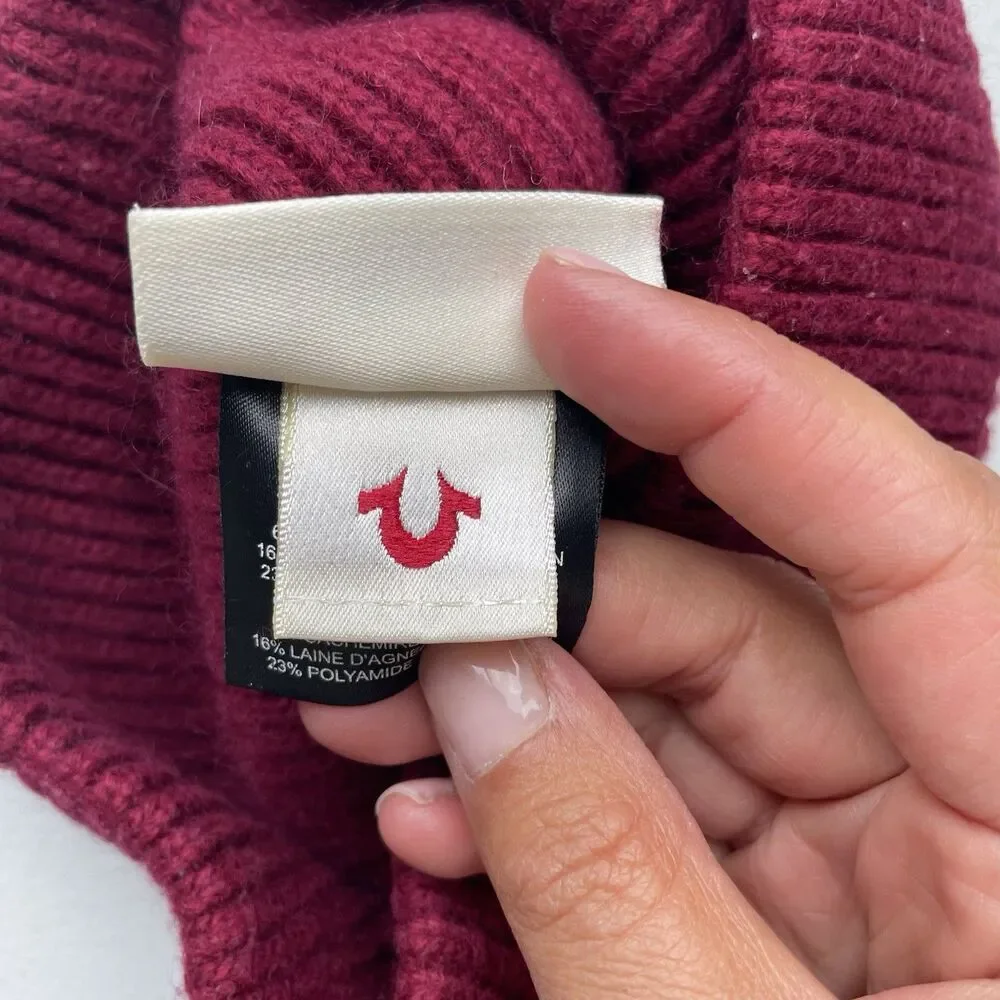 True Religion Knit Beanie Hat Cap Cashmere Lambswool Blend Red Black One Size